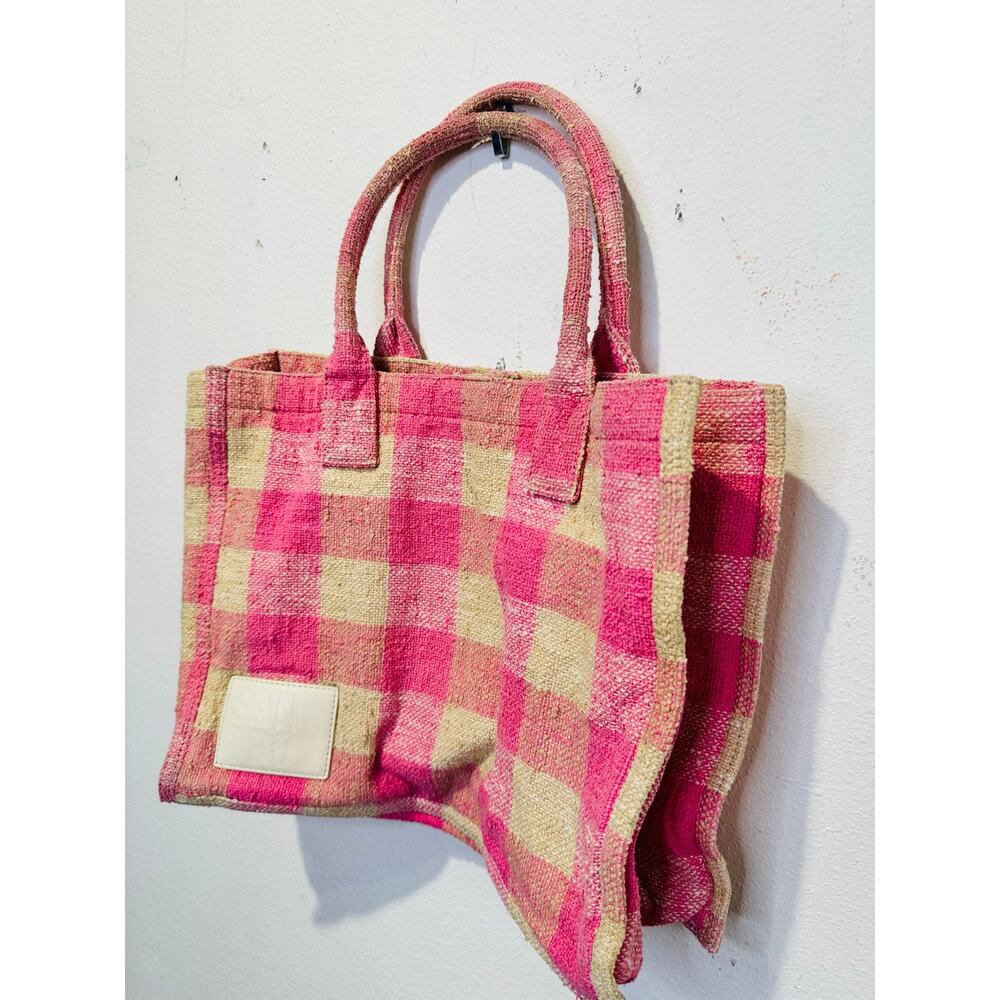 SANDRO Women's Beige Pink Rose Gingham Checkered Tote Bag - Picture 9 of 16